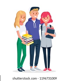 College friends, university fellow students classmates standing together with books. Group of learners young people. Vector illustration. Flat design