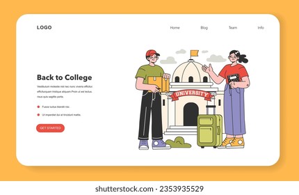 College friends web banner or landing page. University fellow students or classmates standing in front of uni building. Higher academic education. Campus friends community. Flat vector illustration