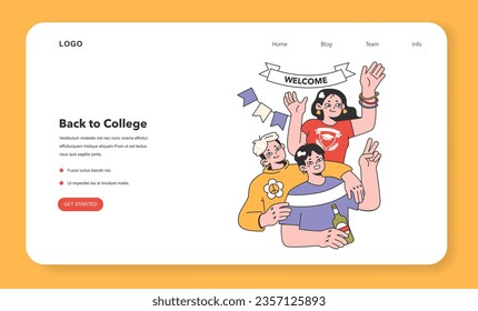 College friends web banner or landing page. University fellow students or classmates having fun on the homecoming party. Teens dancing together. Close friendship idea. Flat vector illustration