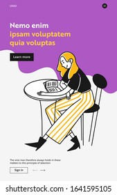 College girl with book sitting in cafe. Female student reading book at table flat vector illustration. Leisure, break, studying concept for banner, website design or landing web page
