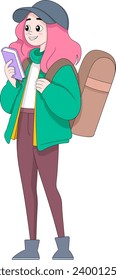 college girl is carrying a bag and books, creative illustration design