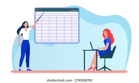 College girl giving report to teacher. Trainer explaining task to adult student flat vector illustration. Education, online distant learning concept for banner, website design or landing web page