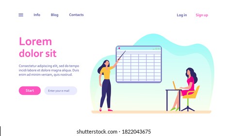 College girl giving report to teacher. Trainer explaining task to adult student flat vector illustration. Education, online distant learning concept for banner, website design or landing web page