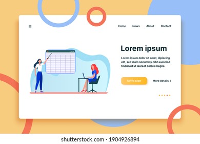 College girl giving report to teacher. Trainer explaining task to adult student flat vector illustration. Education, online distant learning concept for banner, website design or landing web page