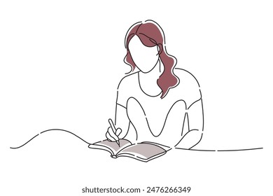 college girl studying, doodle continuous line art vector illustration.