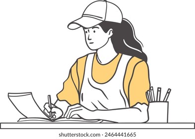 college girl studying, Study tips, Time management, Note-taking techniques, Exam preparation, Stress management, line art vector illustration, modern line art.