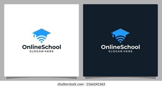 College, Graduate Cap, Campus, Bildung Logo Design und Wireless Gerät Verbindung WiFi-Symbol Symbol Symbol Vektorgrafik-Design.