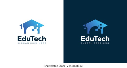 College, Graduate Cap, Campus, Education Logo Designs. Graduate Cap with Technology Symbol Logo Designs Vector Illustration.