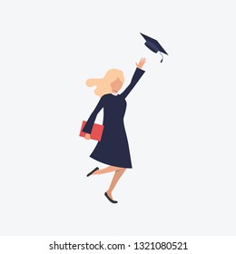 College graduate flat icon. Throwing graduation cap, student, girl. Education concept. Can be used for topics like high school, university, ceremony