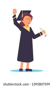 College graduate girl flat vector illustration. Young smiling woman in mantle and hat with tassel cartoon character. Happy student holding diploma, certificate. Study finish, academic degree gaining