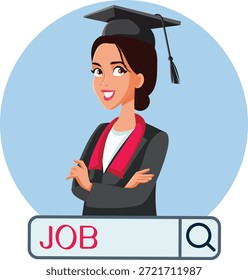  
Graduado universitario en busca de Ilustración vectorial laboral. Mujer joven que busca un trabajo en Internet después de la graduación
