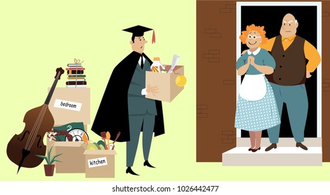 College graduate moving back home with his parents after university, EPS 8 vector illustration