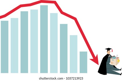 A college graduate sitting at the end of a down pointing graph representing a job market, knocked off his feet, EPS 8 vector illustration