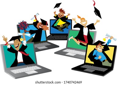 College graduates cheering jumping off the computer screens during an online graduation ceremony, EPS 8 vector illustration