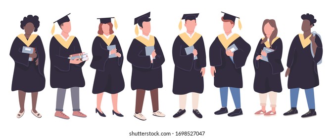 College graduates flat color vector faceless characters set. Girls and boys in bachelor caps isolated cartoon illustrations on white background. Multiethnic university students group holding books