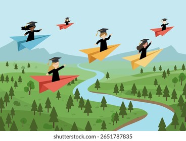 College graduates fly paper airplanes over forest