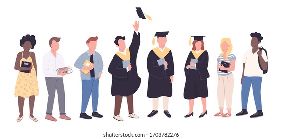 College graduates and freshman students flat color vector faceless characters set. People with diplomas and books isolated cartoon illustrations on white background. Academic education