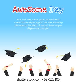 College graduation day card illustration design with hands holding diploma and throwing graduation caps