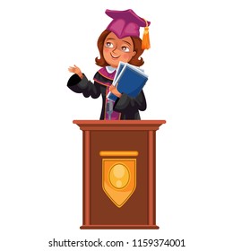 College graduation flat colorful poster with happy girl graduate standing at tribune and showing diploma