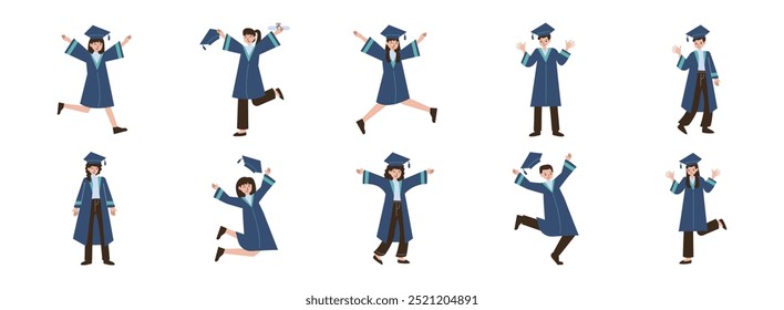 College Graduation flat illustration set. Include of celebration, graduation, student, and ceremony. Vector illustration isolated.