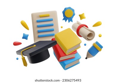 College graduation objects in cute 3d style, vector illustration isolated on white background. Graduation cap, thesis paper, books, pencil and diploma certificate roll.