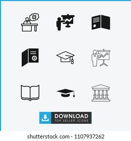 College icon. collection of 9 college filled and outline icons such as diploma, book, graduation cap, teacher, graduation hat. editable college icons for web and mobile.