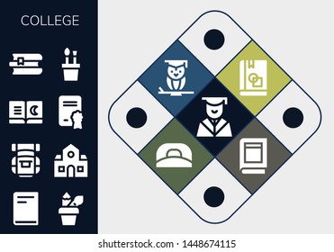 college icon set. 13 filled college icons.  Collection Of - Graduation, Book, Pencil case, Backpack, School, Diploma, Books, Wisdom, Cap