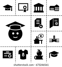 College icon. set of 13 filled collegeicons such as graduation cap, graduate emoji, teacher, court building, football t shirt, diploma, school, apple on book