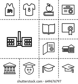 College icon. set of 13 outline collegeicons such as court, book, graduation cap, diploma, sport t shirt number 24, football t shirt, graduate emoji, school, apple on book