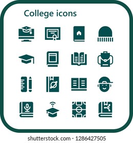  college icon set. 16 filled college icons. Simple modern icons about  - Education, Diploma, Book, Cap, Graduation, Backpack, School, Boy, University, Football field