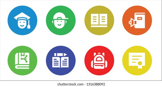 college icon set. 8 filled college icons.  Collection Of - Graduated, Book, Boy, Learn, Backpack, Diploma