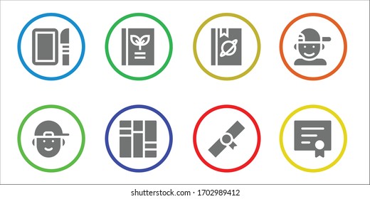 college icon set. 8 filled college icons. Included Dissection, Boy, Book, Books, Diploma icons
