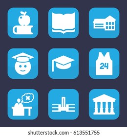 College icon. set of 9 filled college icons such as court, book, graduate emoji, teacher, sport t shirt number 24, school, apple on book