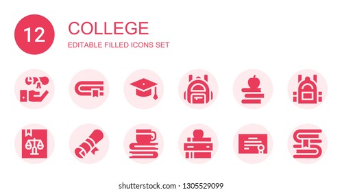 college icon set. Collection of 12 filled college icons included Graduation, Book, Graduation hat, Backpack, Books, Diploma
