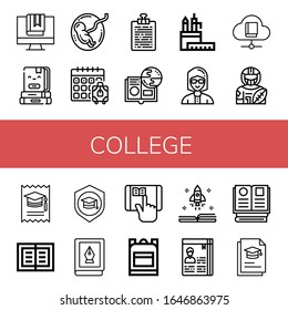 college icon set. Collection of Book, Books, Fetus, Booking, Curriculum, Online learning, Pencil case, Teacher, American football player, College, Mortarboard, Elearning icons