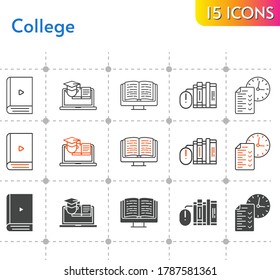 college icon set. included ebook, books, test, training icons on white background. linear, bicolor, filled styles.