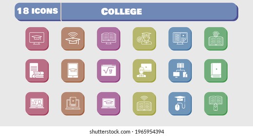 college icon set. included learn, maths, book, learning, student-desktop, professor, ebook, student-laptop, cap, teacher icons on white background. linear, filled styles.