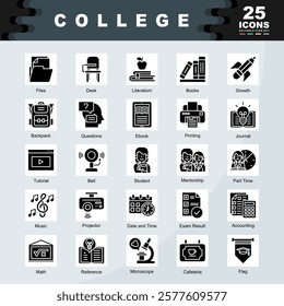 college icon set with Mentorship, Tutorial, Journal, Student, Microscope, Literation, Files, Math, Flag, Printing icon. Simple lglyph vector