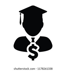 College icon vector male person profile avatar with dollar symbol and mortar board for education in flat color glyph pictogram illustration