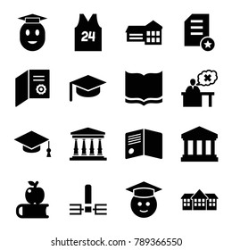 College icons. set of 16 editable filled college icons such as book, school, apple on book, diploma, graduate emoji, graduation hat, teacher, court building