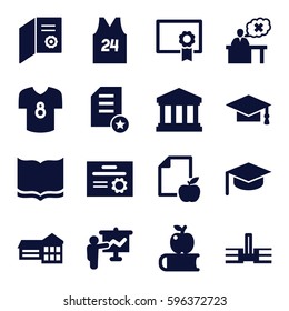 college icons set. Set of 16 college filled icons such as book, graduation cap, paper and apple, teacher, court building, sport t shirt number 24, football t shirt, diploma