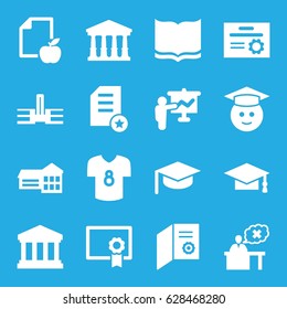 College icons set. set of 16 college filled icons such as court, book, graduation cap, graduate emoji, paper and apple, teacher, court building, football t shirt, diploma