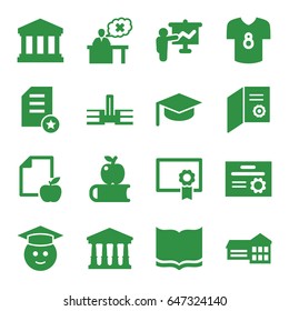 College icons set. set of 16 college filled icons such as court, book, graduate emoji, paper and apple, teacher, court building, football t shirt, diploma, school