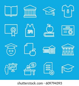 College icons set. set of 16 college outline icons such as court, book, graduation cap, paper and apple, teacher, court building, diploma, sport t shirt number 24