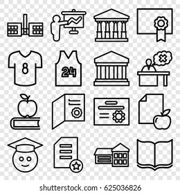 College icons set. set of 16 college outline icons such as court, book, paper and apple, teacher, court building, diploma, sport t shirt number 24, football t shirt