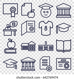College icons set. set of 16 college outline icons such as court, book, graduation cap, paper and apple, teacher, court building, diploma, football t shirt, graduate emoji