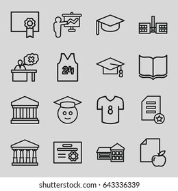 College icons set. set of 16 college outline icons such as court, book, graduation cap, paper and apple, teacher, court building, diploma, sport t shirt number 24