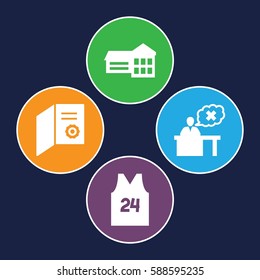 college icons set. Set of 4 college filled icons such as teacher, sport t shirt number 24, school