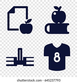 College icons set. set of 4 college filled icons such as paper and apple, football t shirt, apple on book