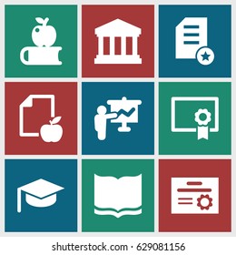 College icons set. set of 9 college filled icons such as book, paper and apple, court building, diploma, apple on book, teacher